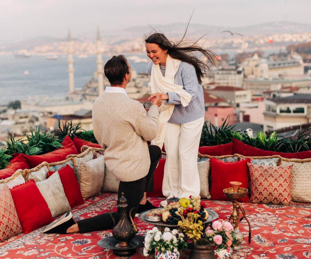 rooftop proposal in Istanbul with Bosphorus view